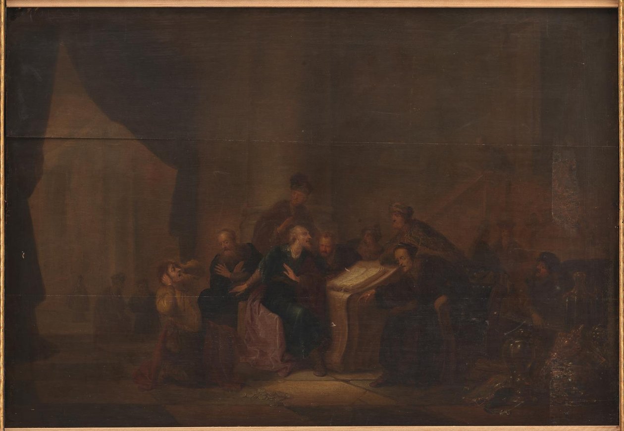 Júdás ledobja az ezüstdarabokat a templomban alkotó: Jacob de Wet d.Æ.