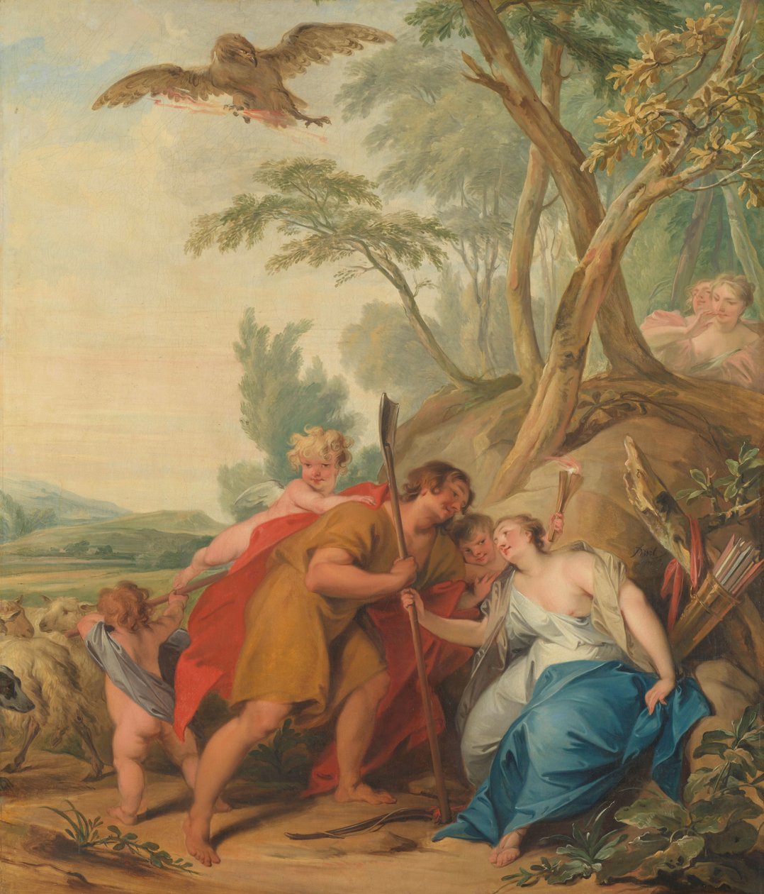 Jupiter, pásztornak álcázva, elcsábítja Mnemosynét, az emlékezés istennőjét alkotó: Jacob de Wit (signed by artist)