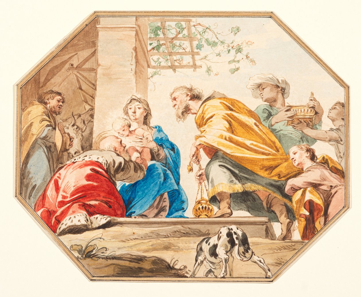 A mágusok imádása, 1751 körül (grafit, toll és barna tinta, akvarell fektetett papírra, nyolcszögre vágva, barna tintával és lemosó szegéllyel) alkotó: Jacob de Wit