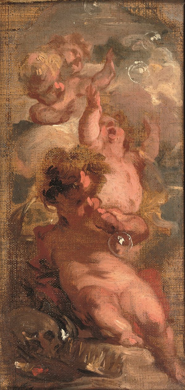 Vanitas allegóriája: Négy putti buborékot fújva, egy koponya, egy művészpaletta és egy korona a közelben (olaj, vászon a táblán) alkotó: Jacob de Wit