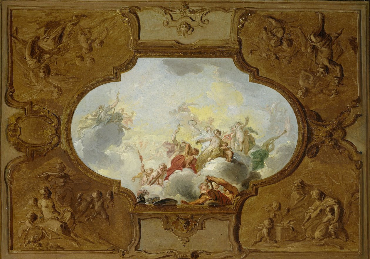 Mennyezeti festmény tervezése Aeneas apoteózisával, a sarkokban a Négy évszak alkotó: Jacob de Wit