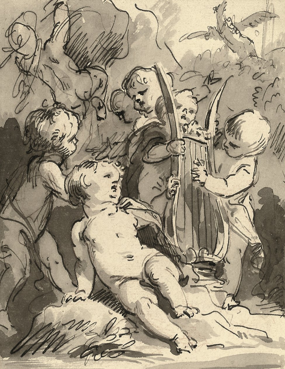 Putti lírán játszik (piros kréta, toll és fekete tinta és szürke mosás) alkotó: Jacob de Wit
