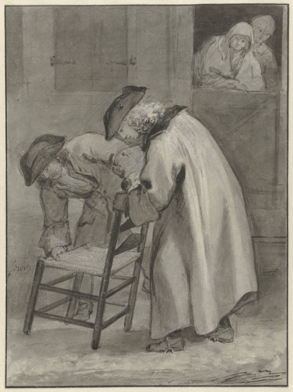 Két kalapos férfi néz egy gyékényszékre alkotó: Jacob de Wit
