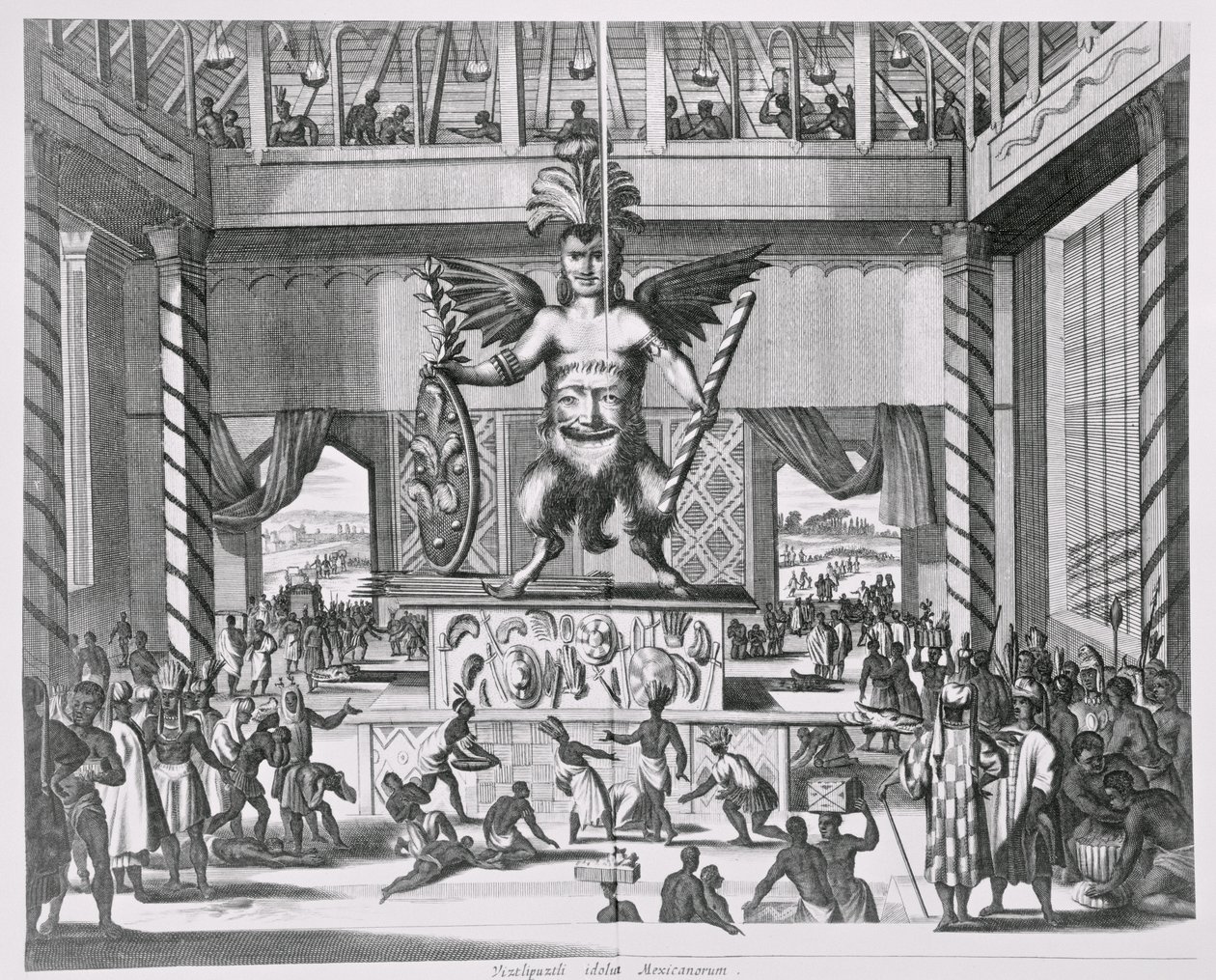 Huitzilopochtli mexikói isten, "Montanus, az új és ismeretlen világ" című művéből, 1671 alkotó: Jacob van Meurs
