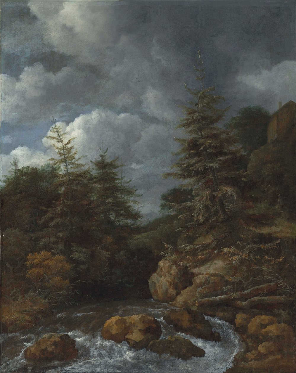 Folyami táj fenyőfákkal egy vízesés mellett alkotó: Jacob van Ruisdael