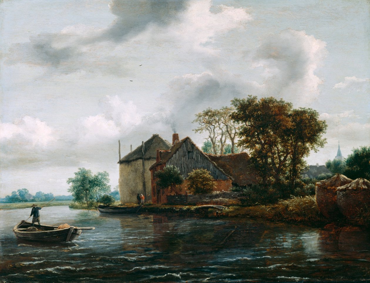 Farm és Hayrick a folyón alkotó: Jacob van Ruisdael