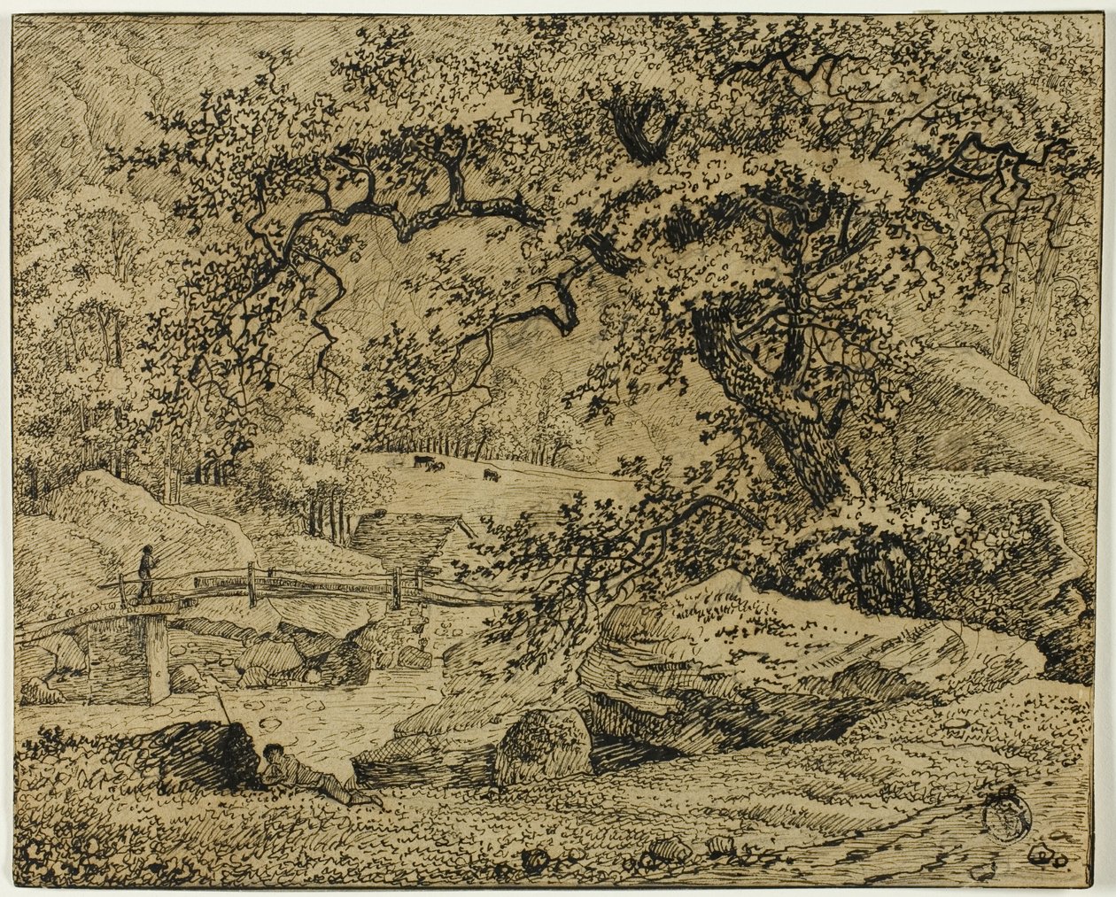 Táj a fa alatt pihenő alakkal a patak mellett alkotó: Jacob van Ruisdael