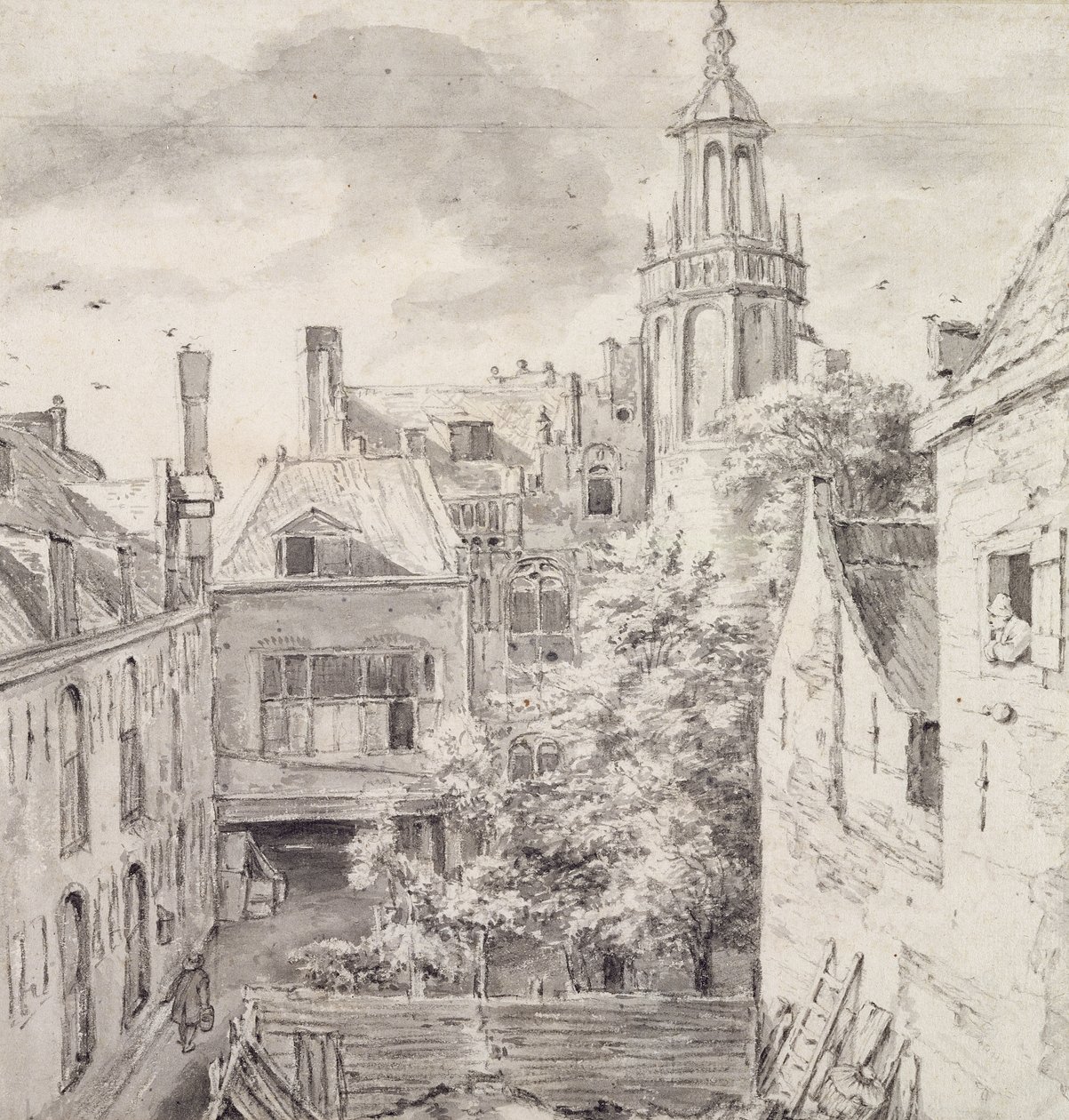 Kilátás a St. Sebastian Guild íjászok házának udvarára a Singelen Amszterdamban (ceruza és mosás papíron) alkotó: Jacob van Ruisdael