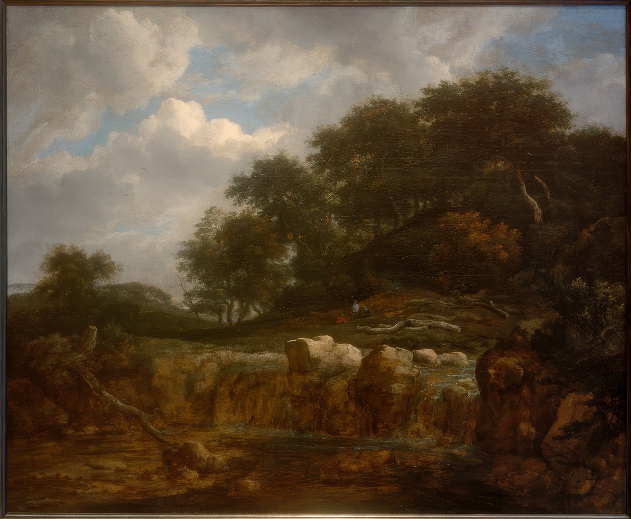 Vízesés dombos erdei tájon alkotó: Jacob van Ruisdael