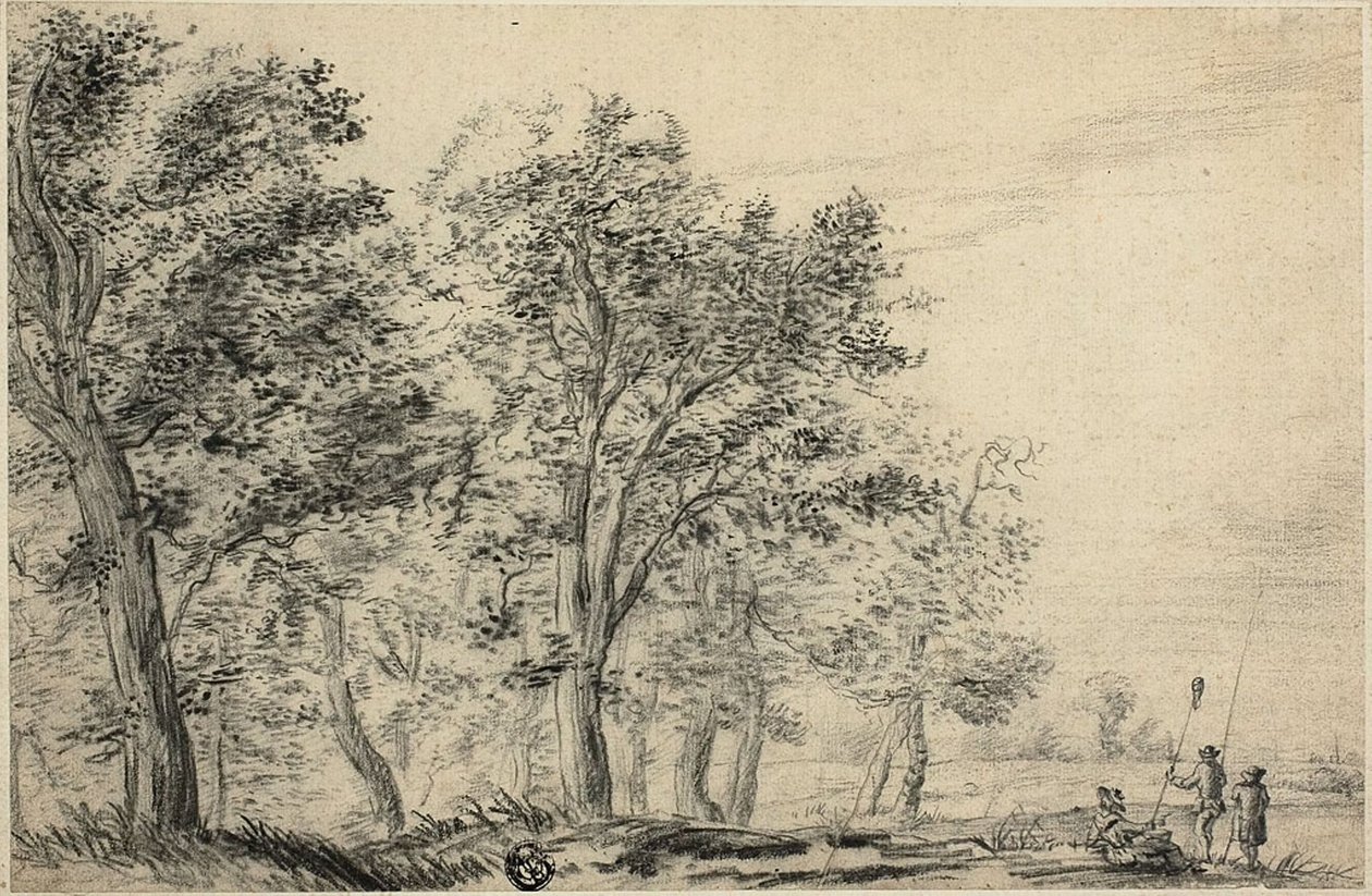 Erdős folyó táj három ember horgászattal alkotó: Jacob van Ruisdael