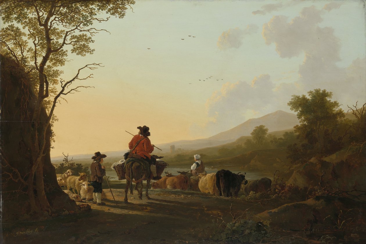 Táj marhahajtóval és pásztorral, 1780-85 körül alkotó: Jacob van Strij