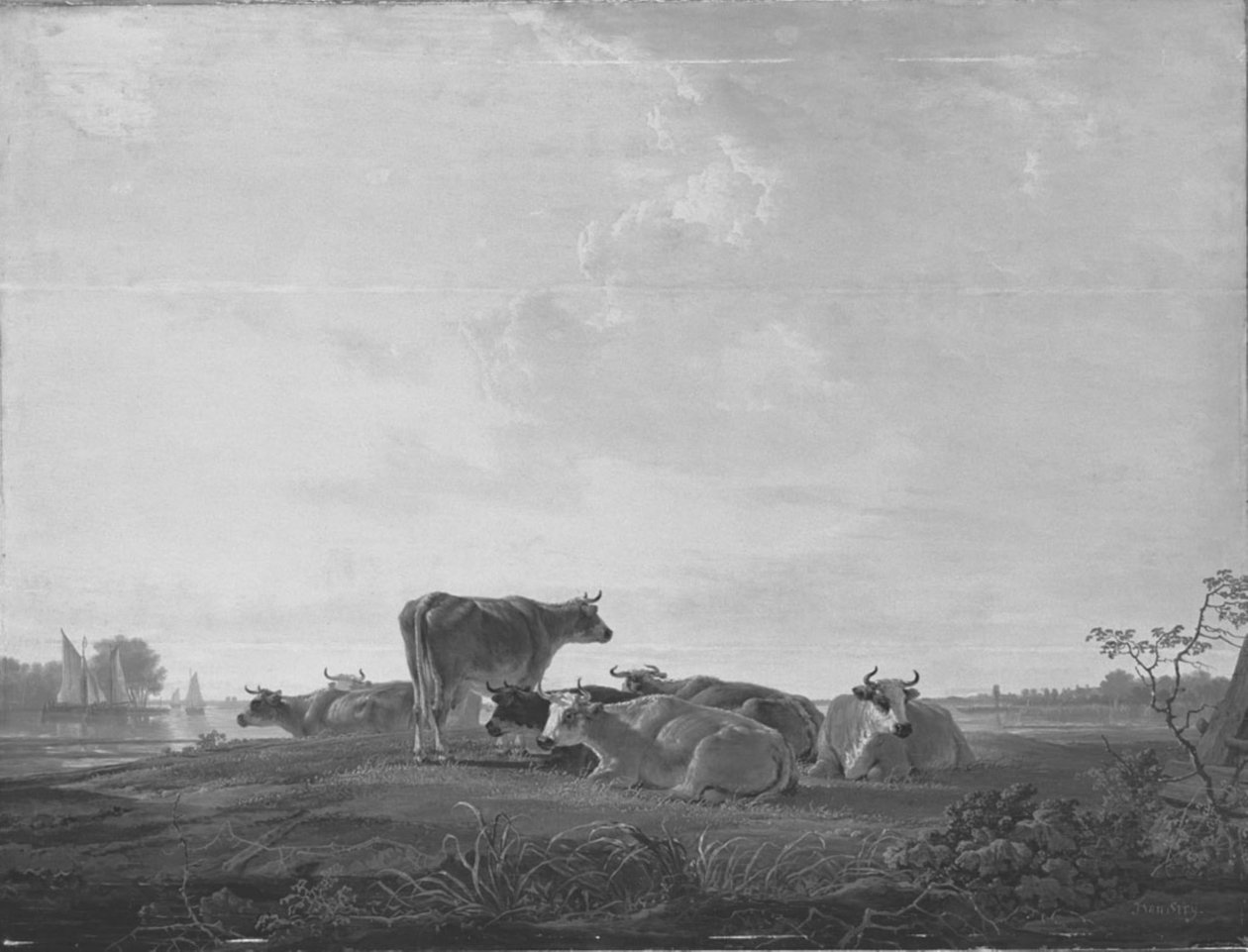 Pihenő szarvasmarhák a parton alkotó: Jacob van Strij