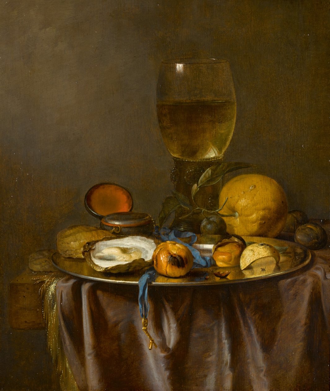 Csendélet egy roemerrel, időmérővel, osztrigával és gyümölccsel alkotó: Jacob van Walscapelle