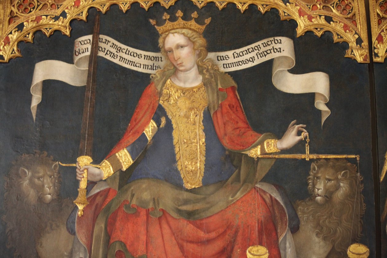 Igazságosság Gabriel és Mihály arkangyalok között alkotó: Jacobello del Fiore