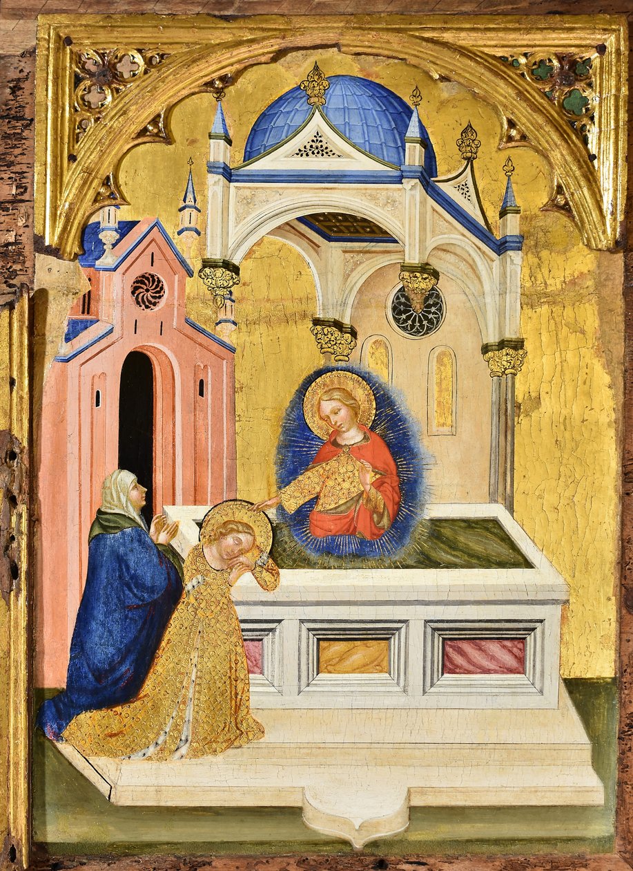 Lucia Szent Agatha sírjánál imádkozik, 1410 körül. alkotó: Jacobello del Fiore.