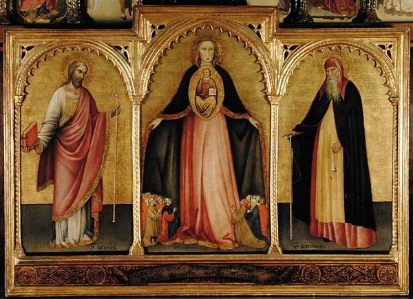 Szűz és gyermek Nagy Szent Jakabbal és Szent Antal (tempera a panelen) alkotó: Jacobello del Fiore