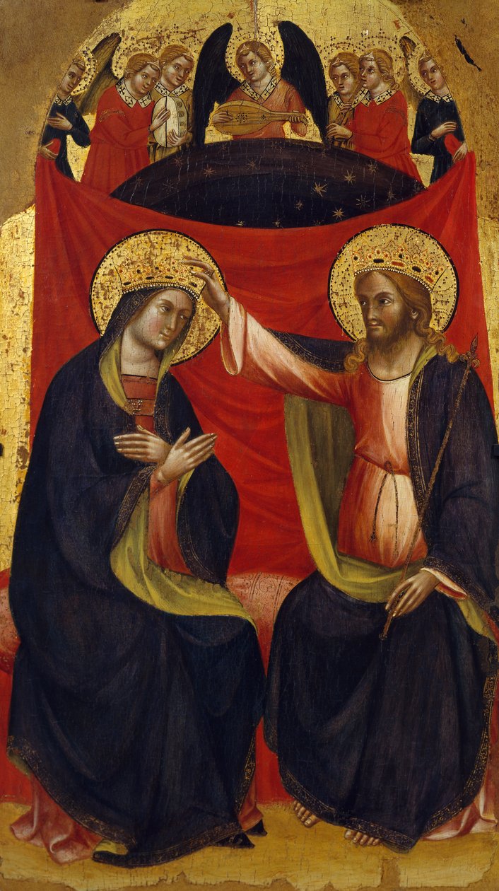 Szűz koronázása, részlet a Triptichon központi paneljéről, a Bonomói Jacobello Szűz és Szentek Koronázása című művével (aktív 1375-1385), tábla alkotó: Jacobello di Bonomo