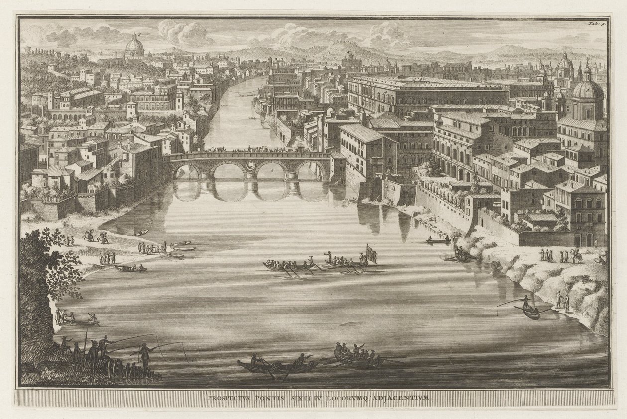 Kilátás Rómára a Ponte Sisto-val a Tiberis folyó felett Prospektus Pontis Sixti IV locorumq adjadentium (cím a tárgyon) Róma kilátásai (sorozat címe) La Galerie agreable du mond (...) divisée en LXVI tomes...Cette partie comprend le Rome moderne alkotó: Jacobus Baptist
