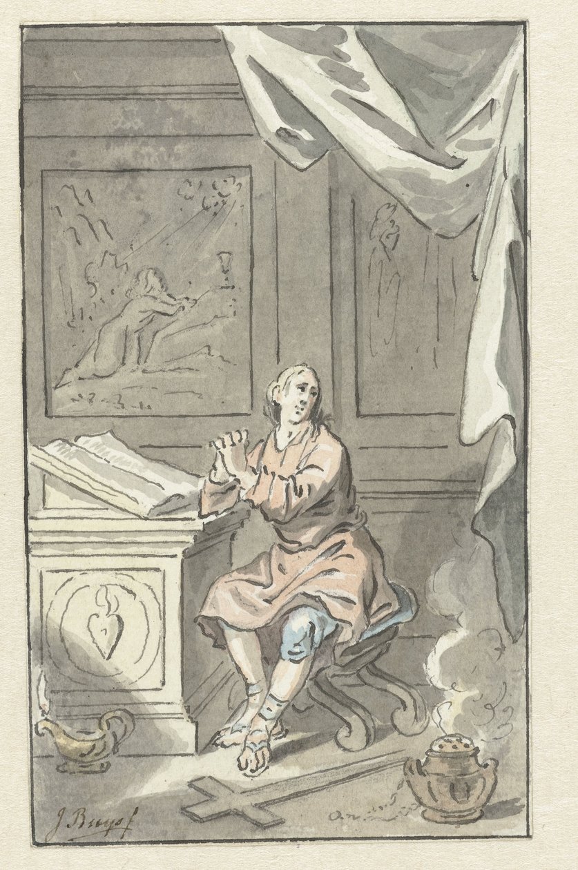 Ülő ember ölbe tett kézzel, a Biblia mögött alkotó: Jacobus Buys