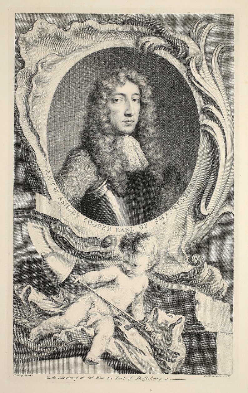 Anthony Ashley Cooper, Shaftesbury gróf portréja, illusztráció a „Nagy-Britannia jeles személyeinek vezetői” című könyvből, kocsma. Írta: Knapton, London, 1742 alkotó: Jacobus Houbraken