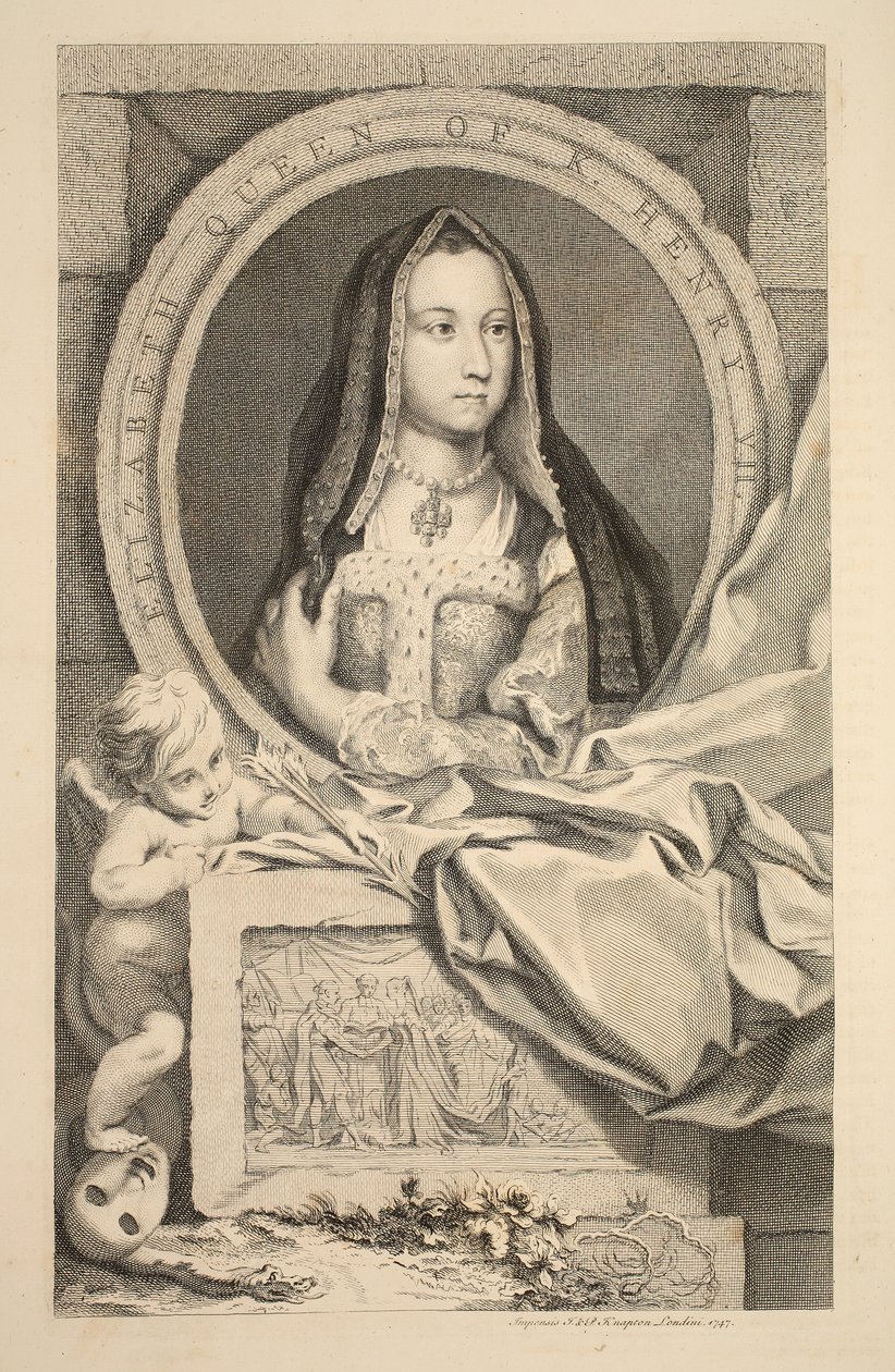 Erzsébet, VII. Henrik királynője portréja, illusztráció a „Nagy-Britannia jeles személyeinek vezetői”, kocsma. Írta: Knapton, London, 1742 alkotó: Jacobus Houbraken