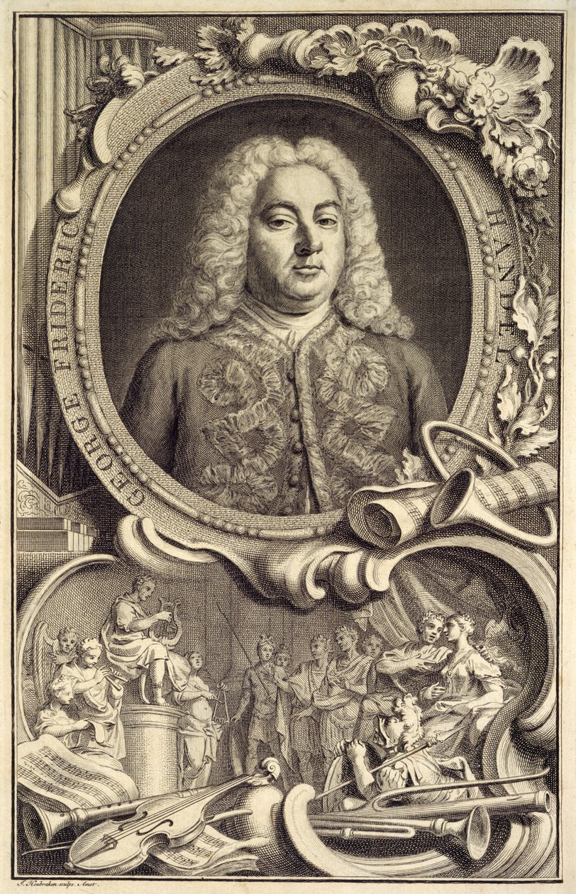 Portré G.F. Händel, melynek címe „Izrael Egyiptomban”, Londonban jelent meg alkotó: Jacobus Houbraken