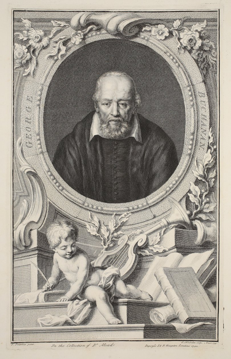 George Buchanan portréja, Frans Pourbus nyomán, illusztráció a „Heads of Illustrious Persons of Great Britain”, pub. Írta: Knapton, London, 1742 alkotó: Jacobus Houbraken
