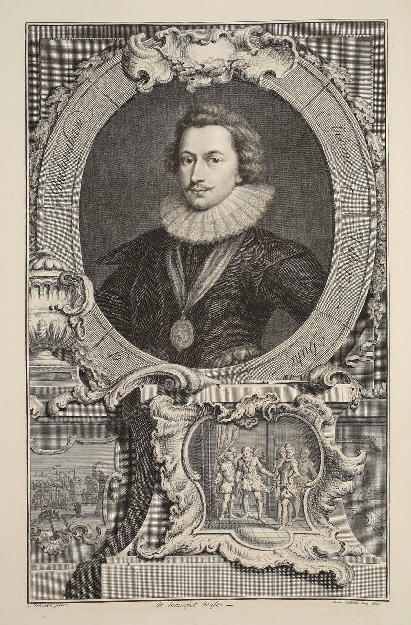 George Villiers, Buckingham herceg portréja, illusztráció a „Nagy-Britannia jeles személyeinek fejei”, kocsma. Írta: Knapton, London, 1742 alkotó: Jacobus Houbraken
