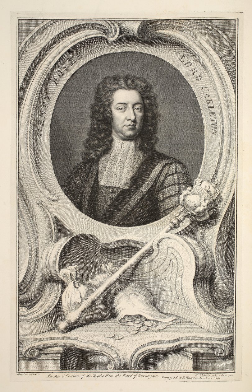 Henry Boyle, Lord Carleton portréja, illusztráció a „Heads of Illustrious Persons of Great Britain”, pub. szerző: Knapton, London 1742 (metszet) alkotó: Jacobus Houbraken