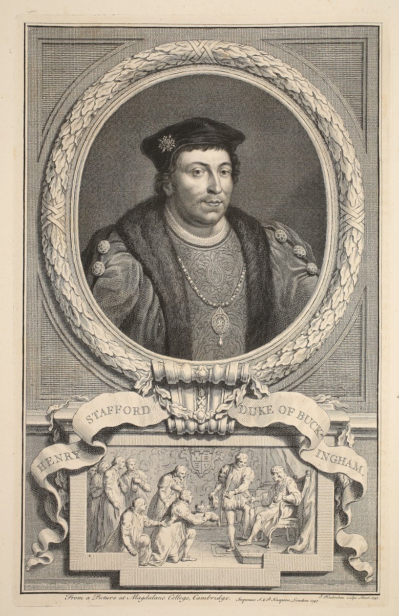 Henry Stafford, Buckingham herceg portréja, illusztráció a „Nagy-Britannia jeles személyeinek vezetői”, kocsma. Írta: Knapton, London, 1742 alkotó: Jacobus Houbraken