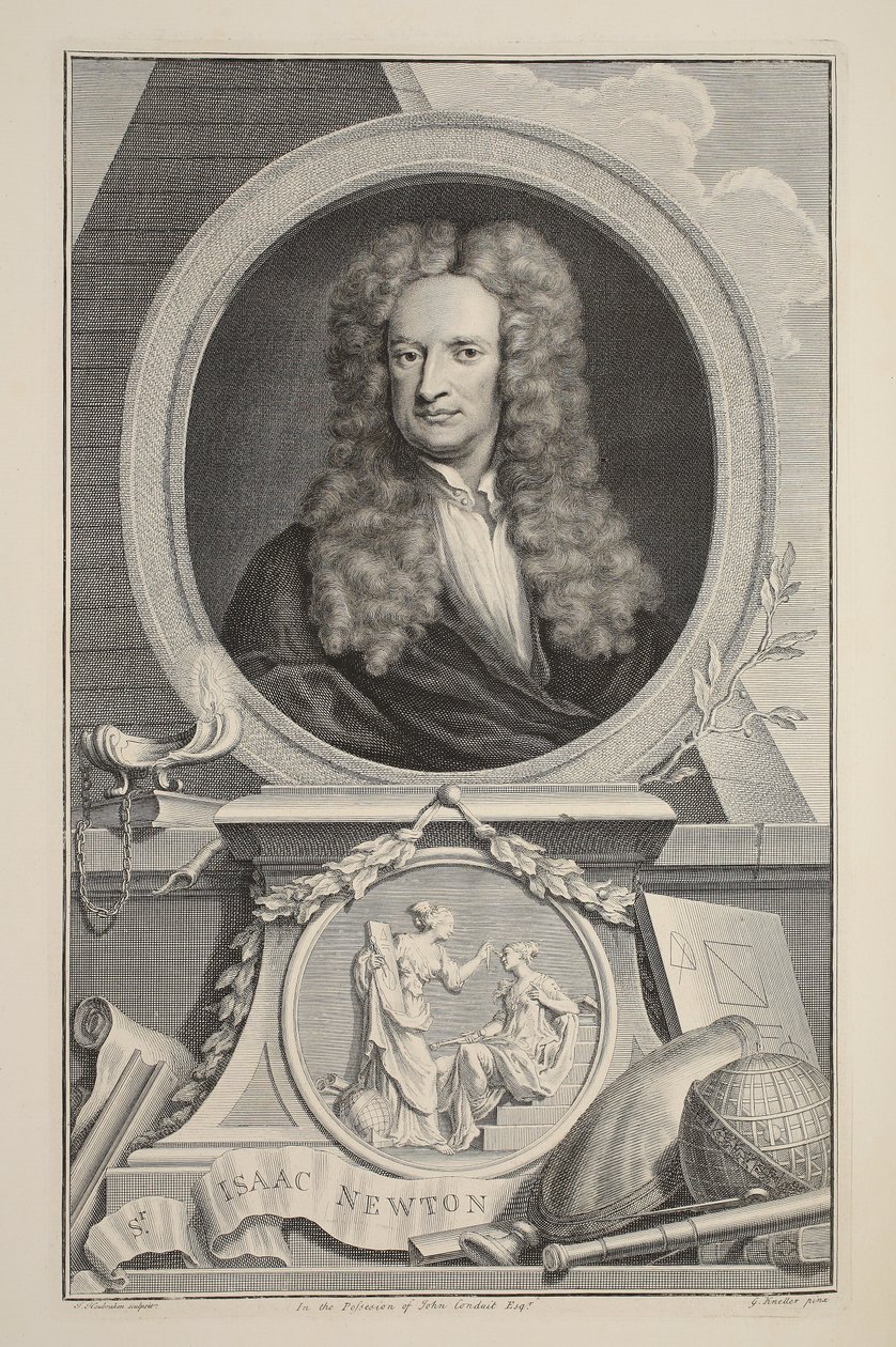Isaac Newton portréja, illusztráció a „Heads of Illustrious Persons of Great Britain”, pub. Írta: Knapton, London, 1742 alkotó: Jacobus Houbraken