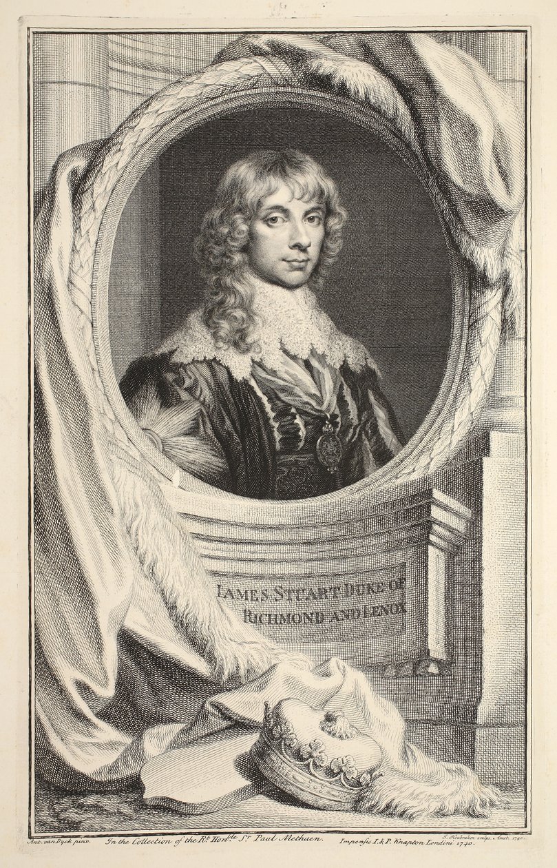 James Stuart, Richmond és Lennox herceg portréja, illusztráció a „Heads of Illustrious Persons of Great Britain”, pub. Írta: Knapton, London, 1742 alkotó: Jacobus Houbraken