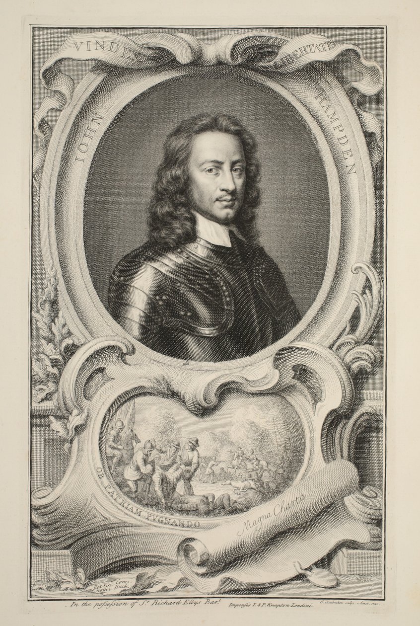 John Hampden portréja, illusztráció a "Heads of Illustrious Persons of Great Britain" című kötetből, Knapton kiadó, London 1742. alkotó: Jacobus Houbraken