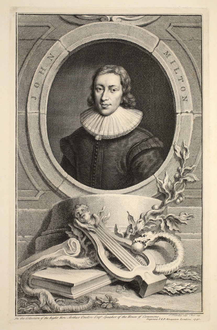 John Milton portréja, illusztráció a "Heads of Illustrious Persons of Great Britain" című kötetből, Knapton kiadó, London 1742. alkotó: Jacobus Houbraken