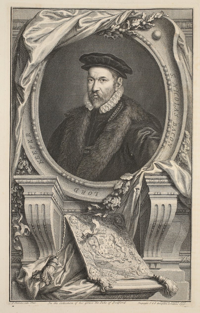 Nicholas Bacon portréja, illusztráció a „Heads of Illustrious Persons of Great Britain”, pub. Írta: Knapton, London, 1742 alkotó: Jacobus Houbraken