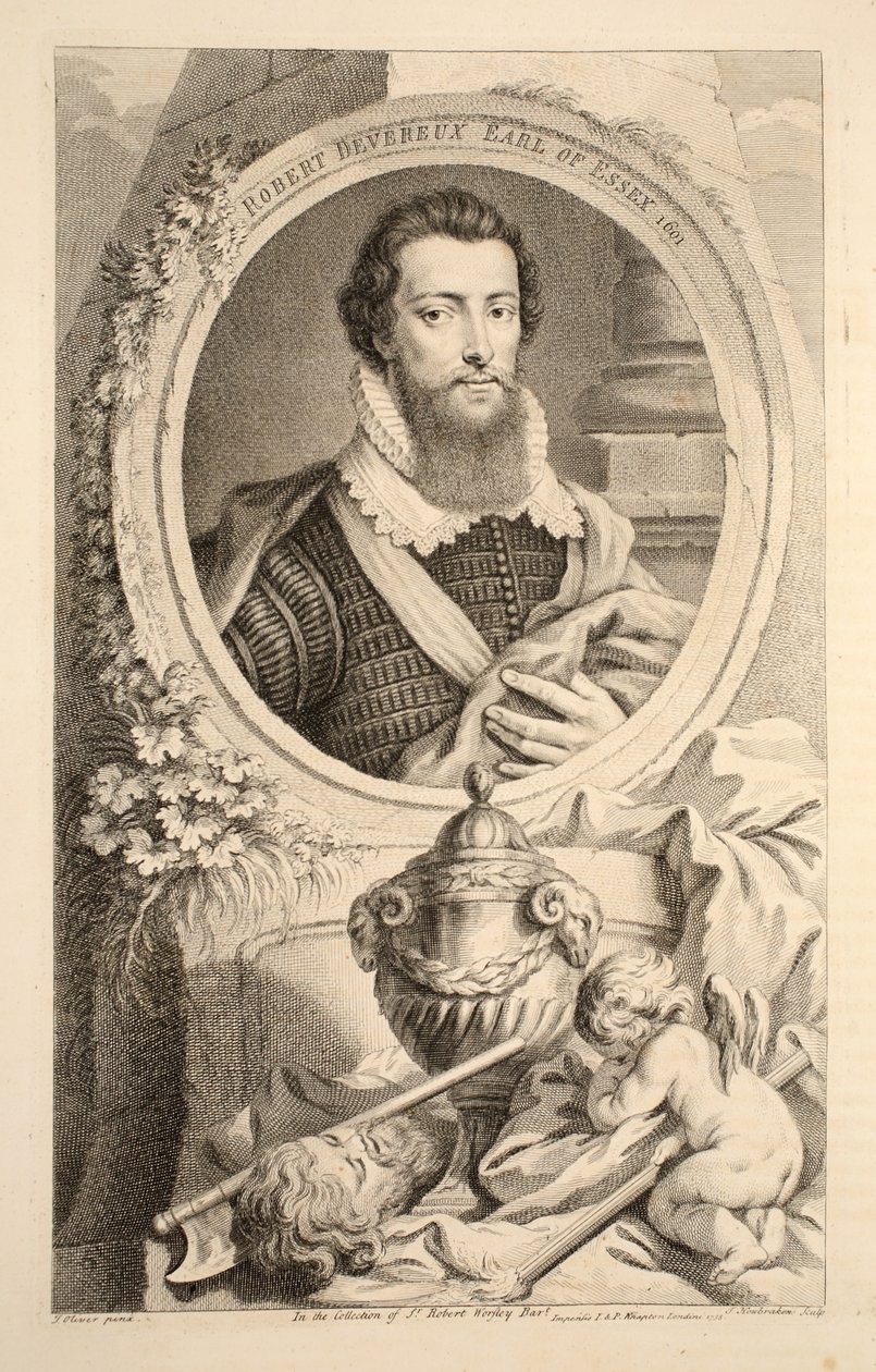 Robert Devereux, Essex grófjának portréja, 1601, illusztráció a „Heads of Illustrious Persons of Great Britain”, pub. Írta: Knapton, London, 1742 alkotó: Jacobus Houbraken