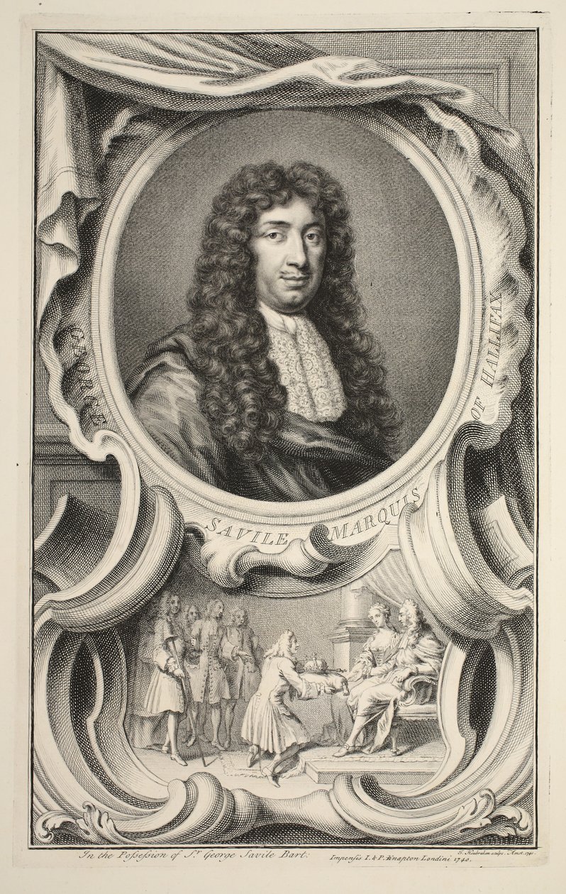 Savile, Halifax márki portréja, illusztráció a „Nagy-Britannia jeles személyeinek vezetői”, kocsma. Írta: Knapton, London, 1742 alkotó: Jacobus Houbraken