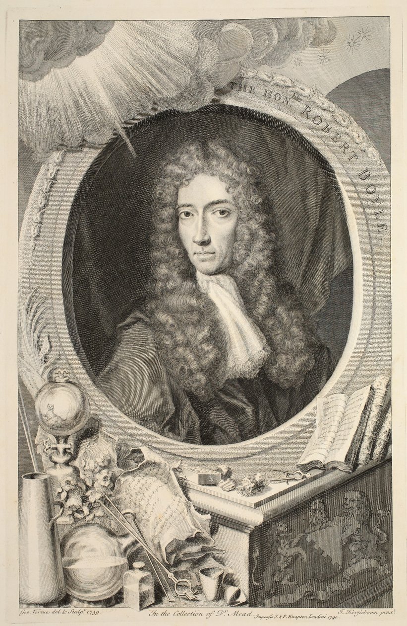 A Hon arcképe. Robert Boyle, illusztráció a „Heads of Illustrious Persons of Great Britain”, pub. Írta: Knapton, London, 1742 alkotó: Jacobus Houbraken