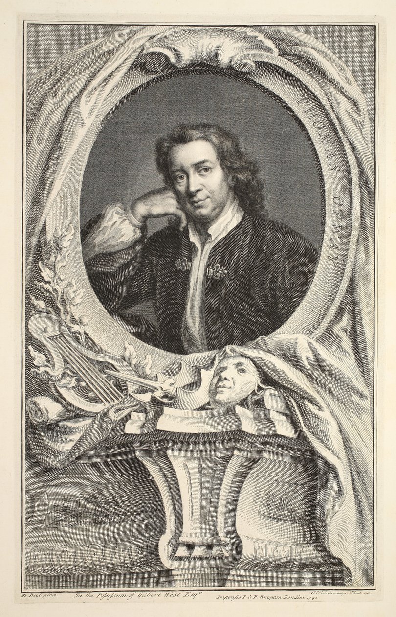 Thomas Otway portréja, illusztráció a „Heads of Illustrious Persons of Great Britain”, pub. Írta: Knapton, London, 1742 alkotó: Jacobus Houbraken