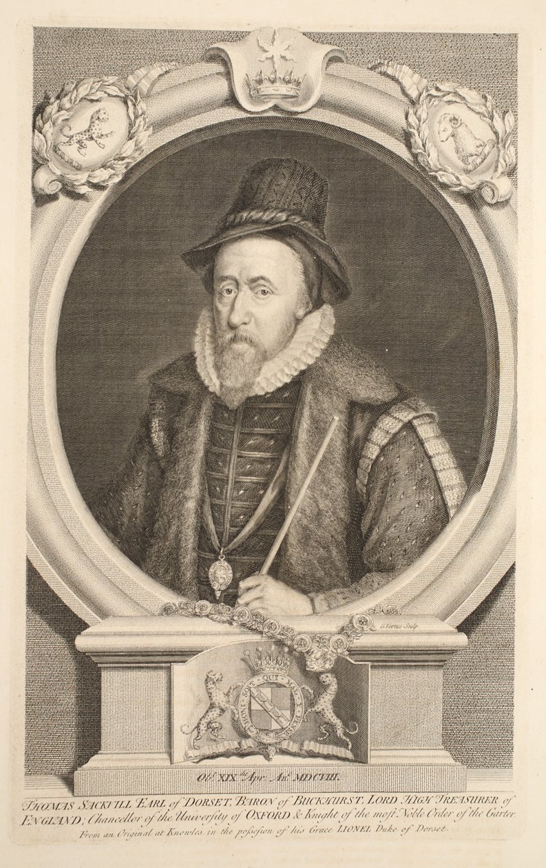 Thomas Sackville, Dorset grófjának, Buckhurst bárójának portréja, illusztráció a „Heads of Illustrious Persons of Great Britain”, pub. Írta: Knapton, London, 1742 alkotó: Jacobus Houbraken