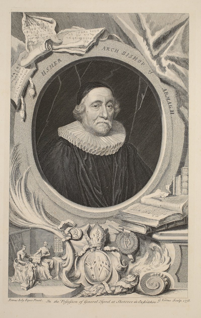 Usher, Armagh érseke portréja, illusztráció a „Heads of Illustrious Persons of Great Britain”, pub. Írta: Knapton, London, 1742 alkotó: Jacobus Houbraken