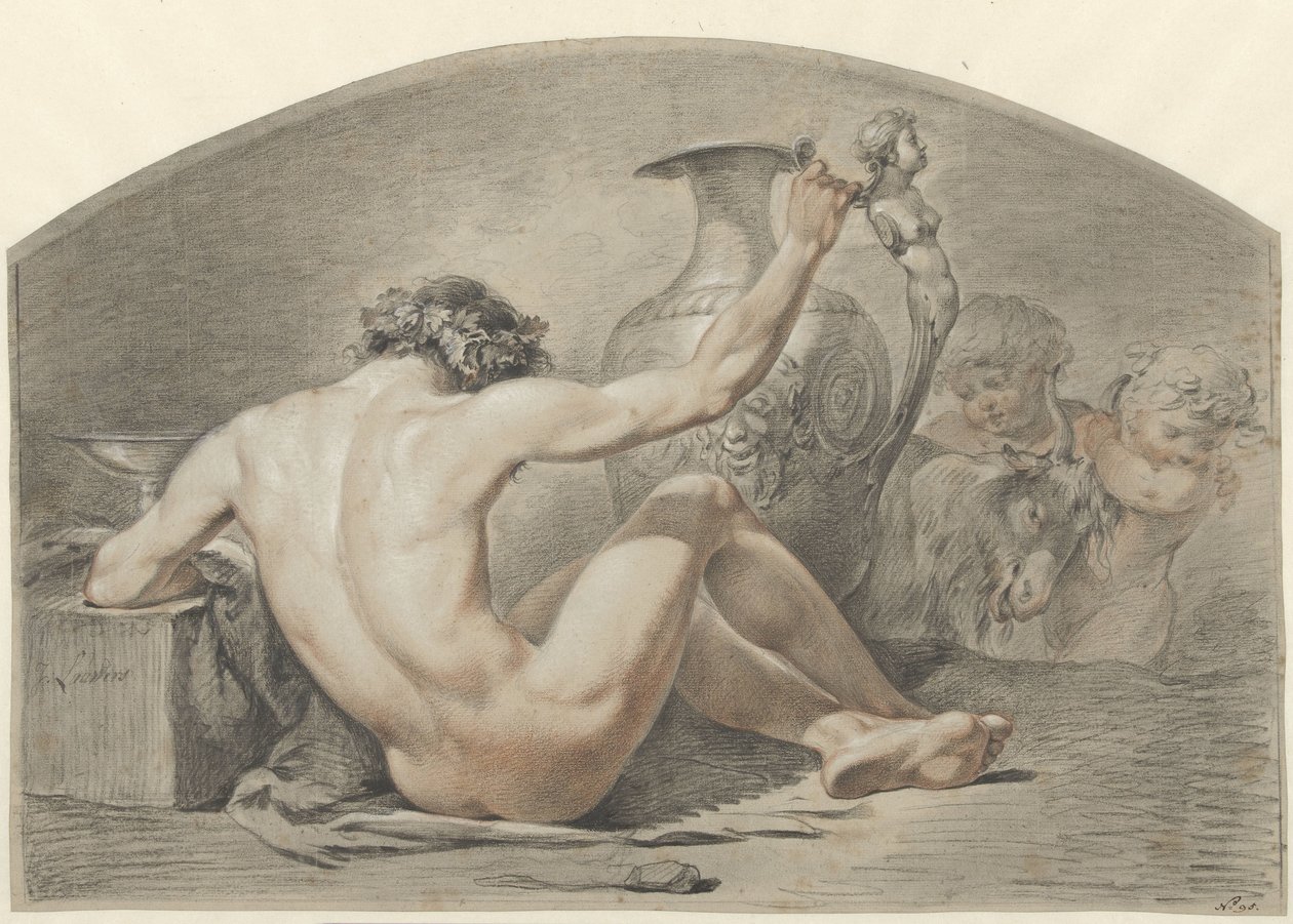 Ülő férfi akt, kéz egy váza fogantyúján alkotó: Jacobus Johannes Lauwers