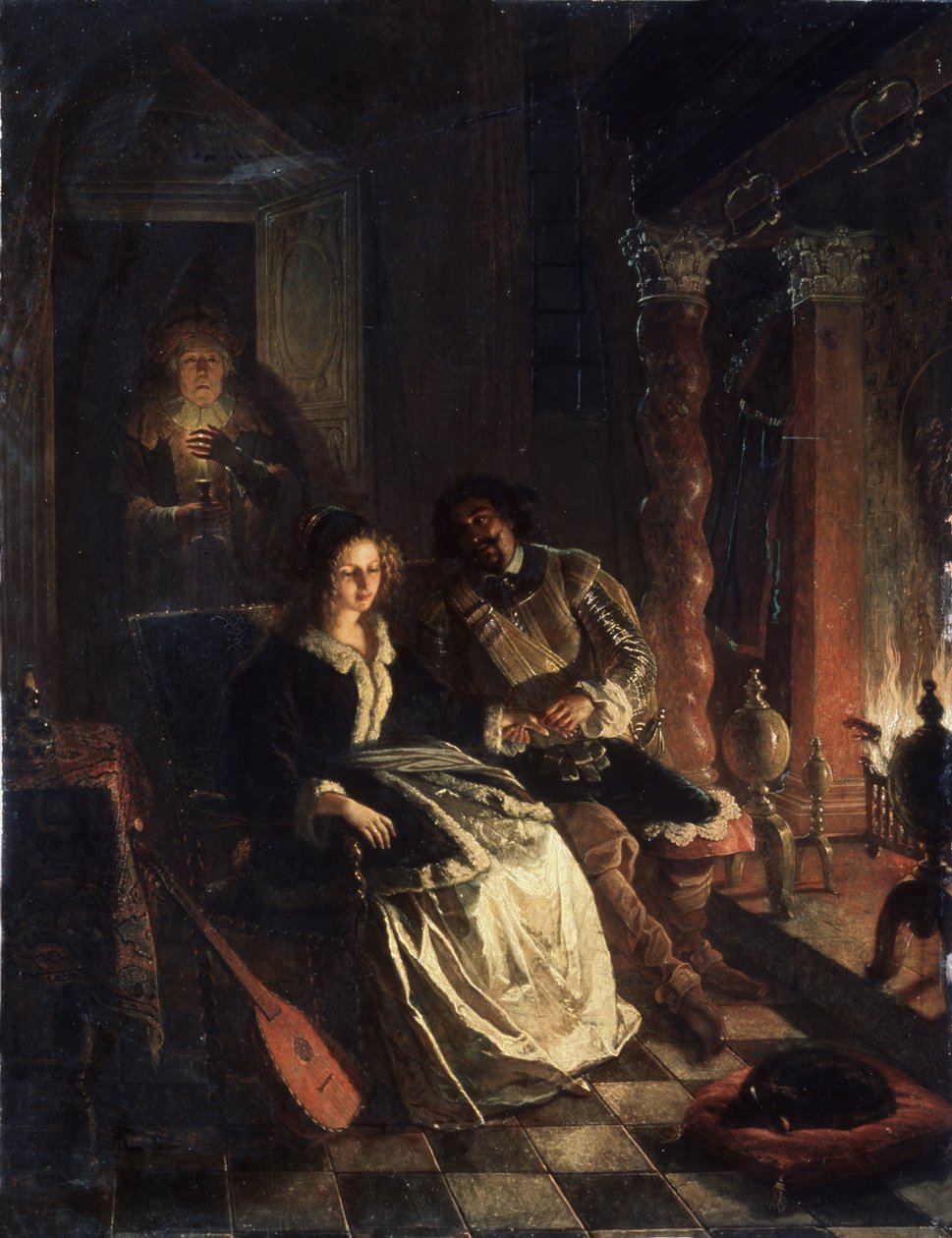 ""Le Rendez vous"" (Rendezvous) A csábítás jelenete, egy fiatal lány, akinek egy úriember udvarol, aki a kandalló mellett kinyilvánítja szerelmét. Jacob Joseph Eckhout (1793-1861) festménye 1852 Fehérorosz Köztársaság Állami Művészeti Múzeuma, Minszk, Fehé alkotó: Jacobus Josephus Eeckhout