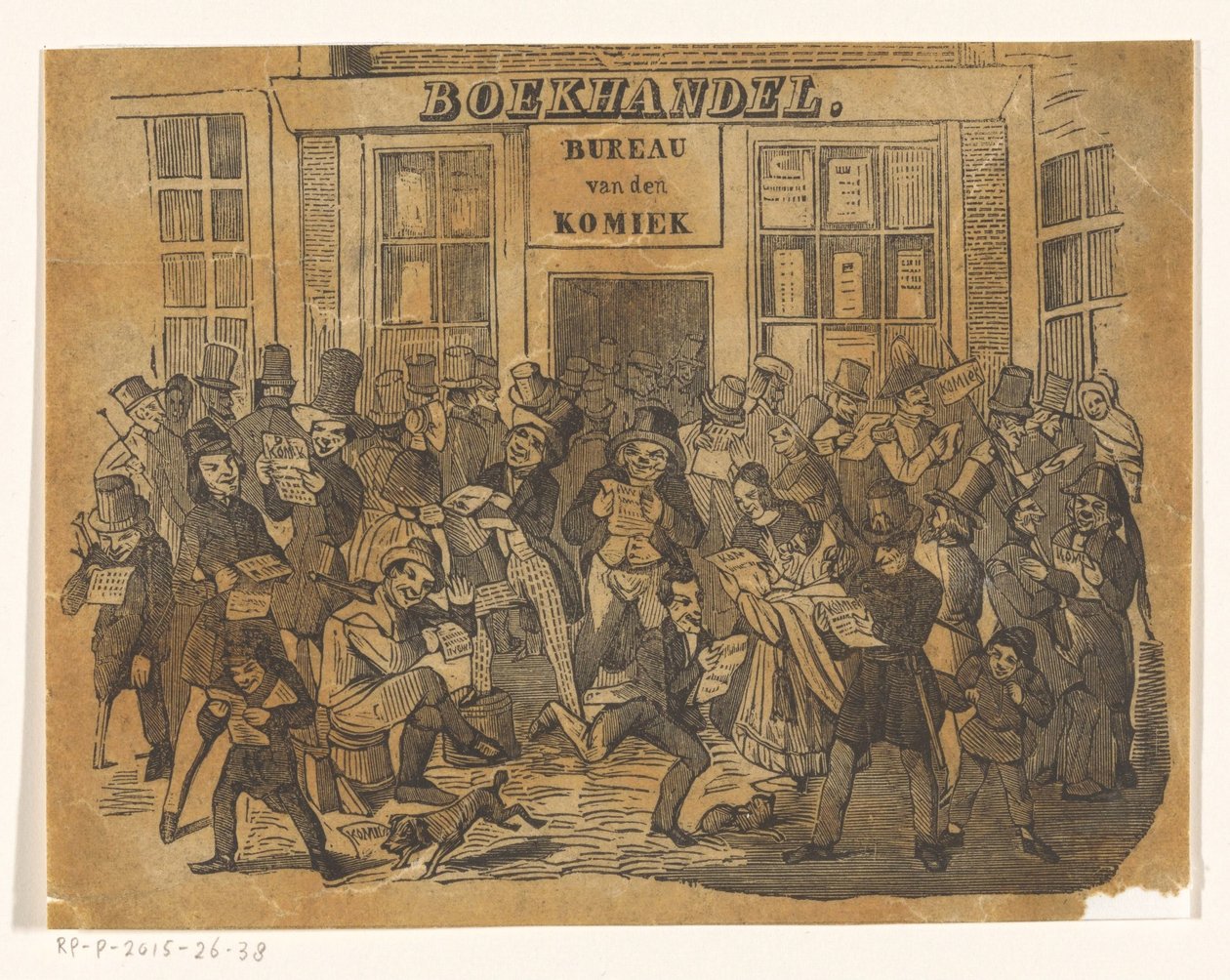 Tömeg egy könyvesbolt előtt, hogy megszerezze De Komieket alkotó: Jacobus Wilhelmus Adrianus Hilverdink (possibly)
