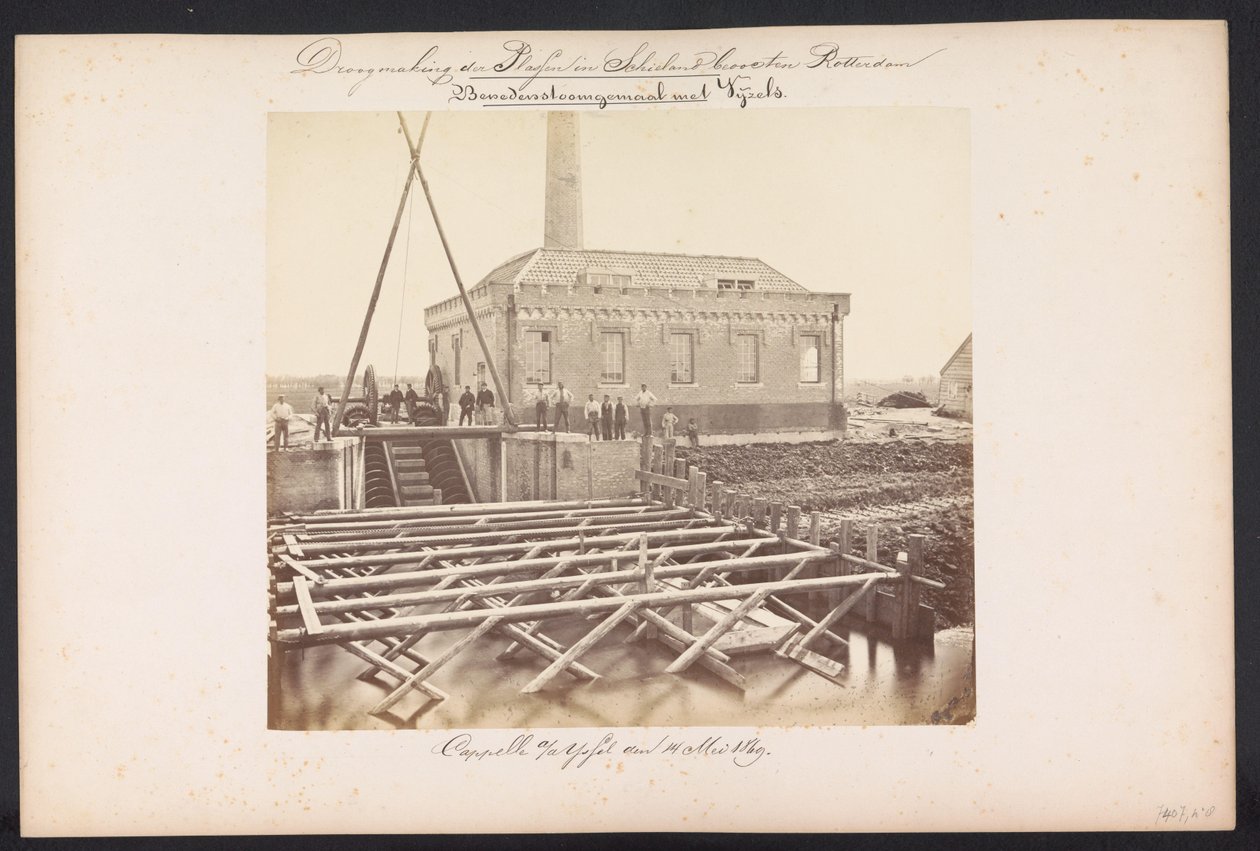 Gőzszivattyúállomás alatt Vijzelekkel / Capelle aan den IJssel den 1869. május 14. (cím az objektumon) A tavak helyreállítása Schielandban Rotterdamtól keletre (a sorozat címe a tárgyon) alkotó: Jacobus van Gorkom jr.