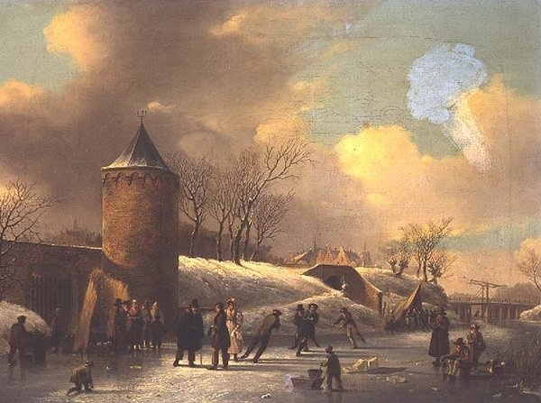 Korcsolyázók a befagyott vízi úton egy torony mellett alkotó: Jacobus van der Stok