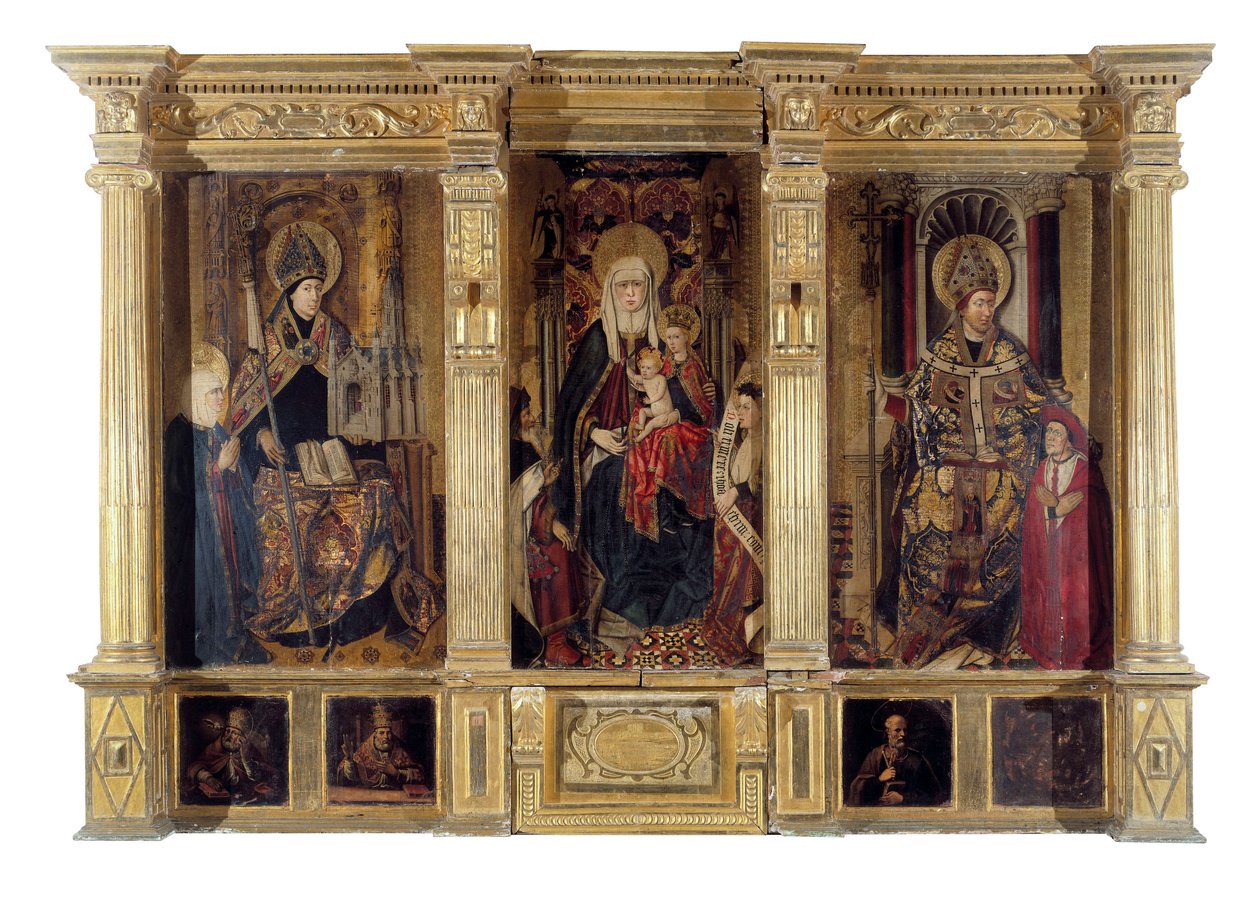 Szent Ildefonz (meghalt 667-ben, Tolede püspöke) és Hippói Szent Ágoston (kb. 354-430, berber filozófus és író) oltárképe. Jaume Baco dit Jacomart (1410-1461) festménye. Olaj, fa, 1450 körül, reneszánsz művészet. Sainte Marie la Seu katedrális alkotó: Jacomart (c.1413 61) Baco