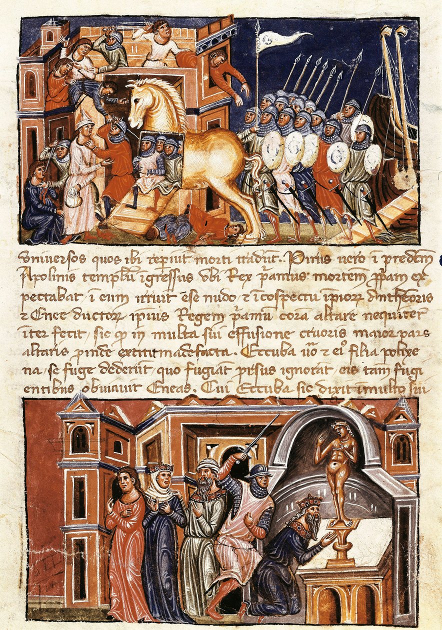 Trója város ostroma és támadása, miniatűr Guido delle Colone "Historia Destructionis Troiae" című művéből (1210 körül – 1287 körül) alkotó: Jacome Cromberger