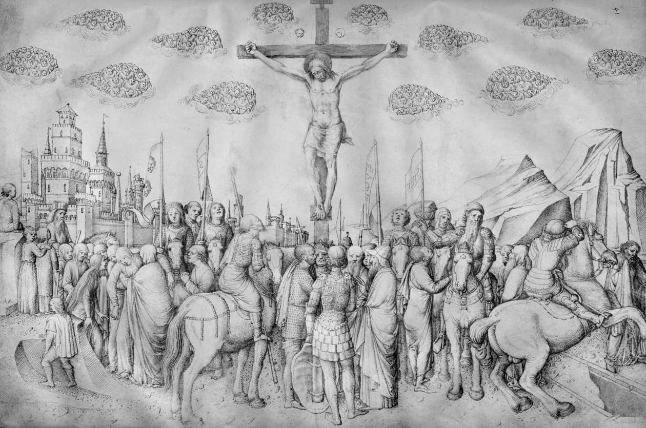 Keresztre feszítés, Jacopo Bellini rajzalbumából (toll és tinta pergamen) alkotó: Jacopo Bellini