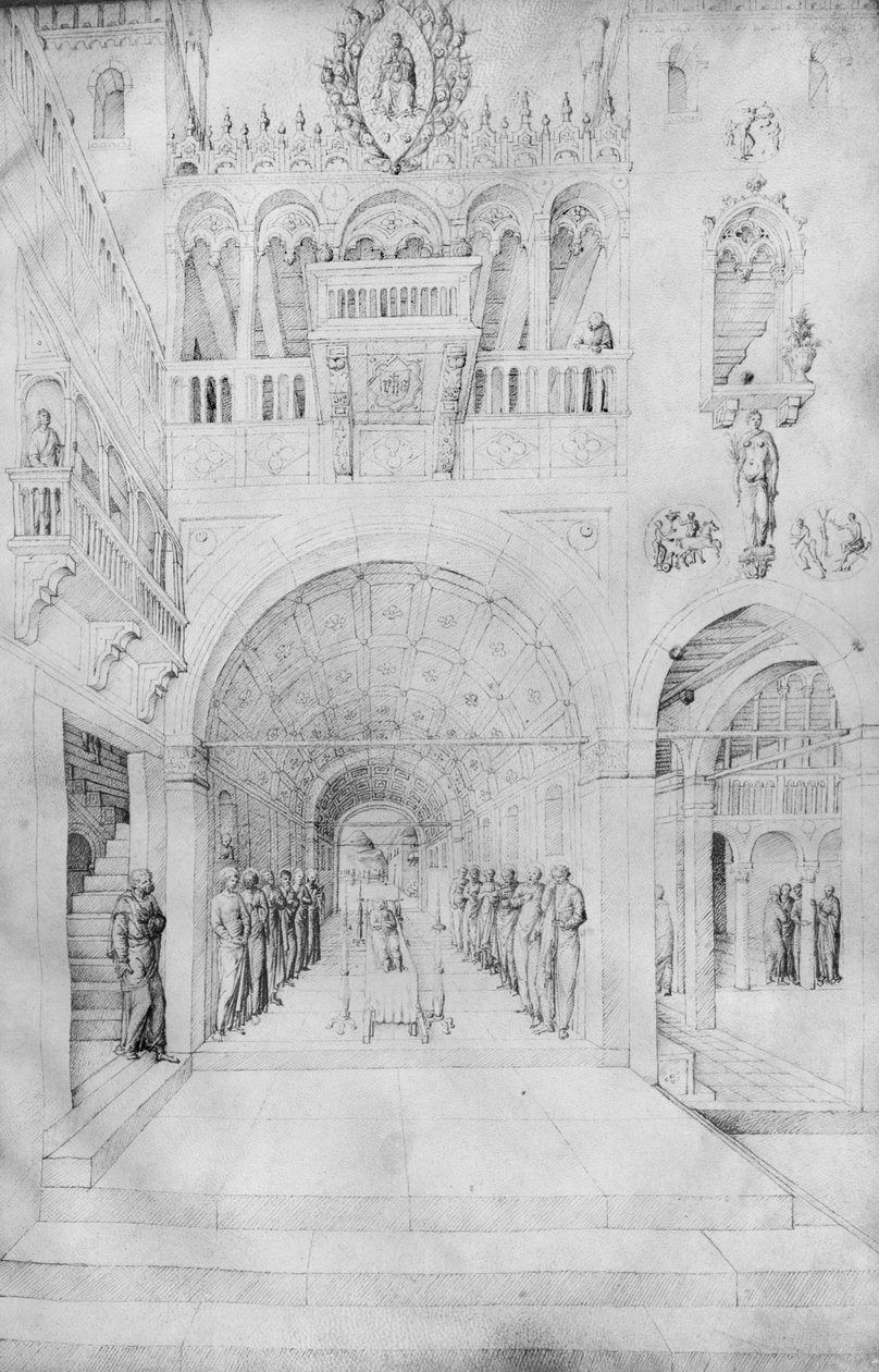 A Szűz halála egy velencei palota gazdag építészetében, Jacopo Bellini rajzalbumából (toll és tinta pergamen) alkotó: Jacopo Bellini
